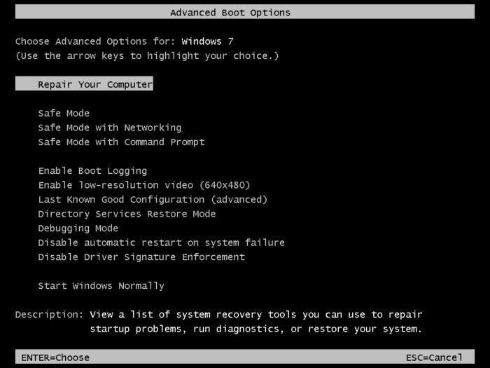  گزینه های بوت پیشرفته windows7 